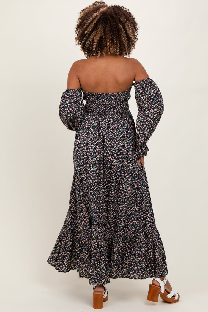 Black Floral Smocked Off Shoulder Maternity Maxi Dress