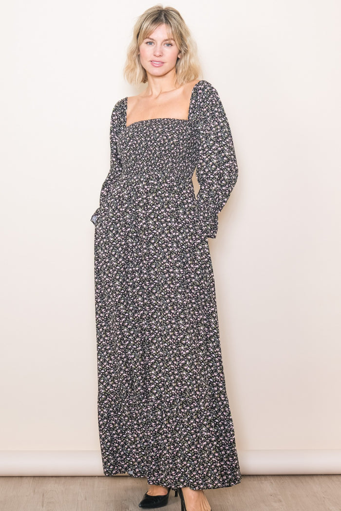 Black Floral Smocked Off Shoulder Maxi Dress
