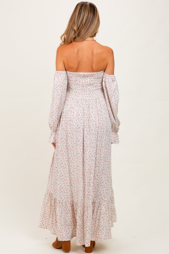 Cream Floral Smocked Off Shoulder Maternity Maxi Dress