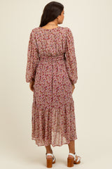 Burgundy Floral Smocked Waist Maternity Maxi Dress