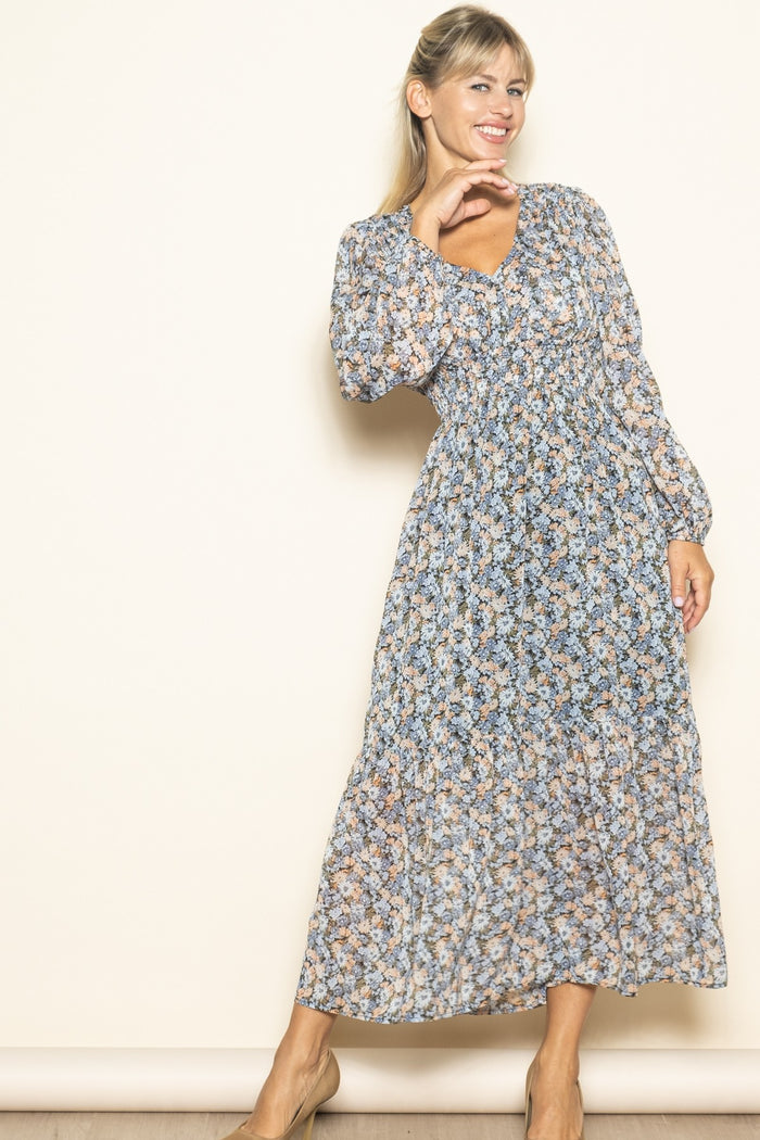 Blue Floral Smocked Waist Maxi Dress