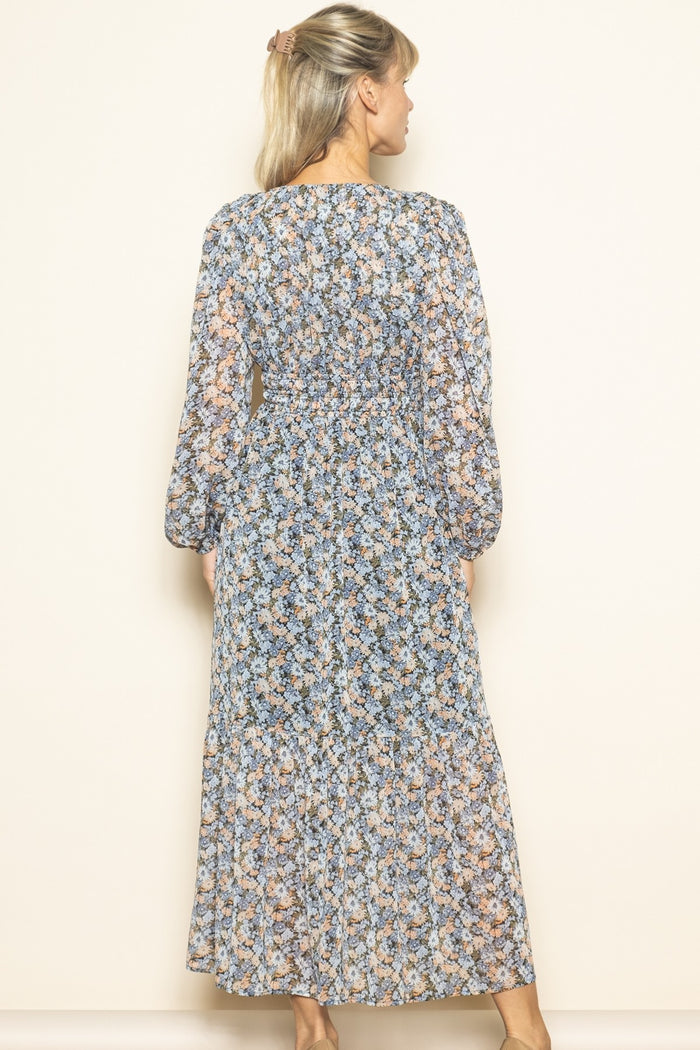 Blue Floral Smocked Waist Maxi Dress