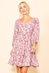 Pink Rose Print Long Sleeve Dress