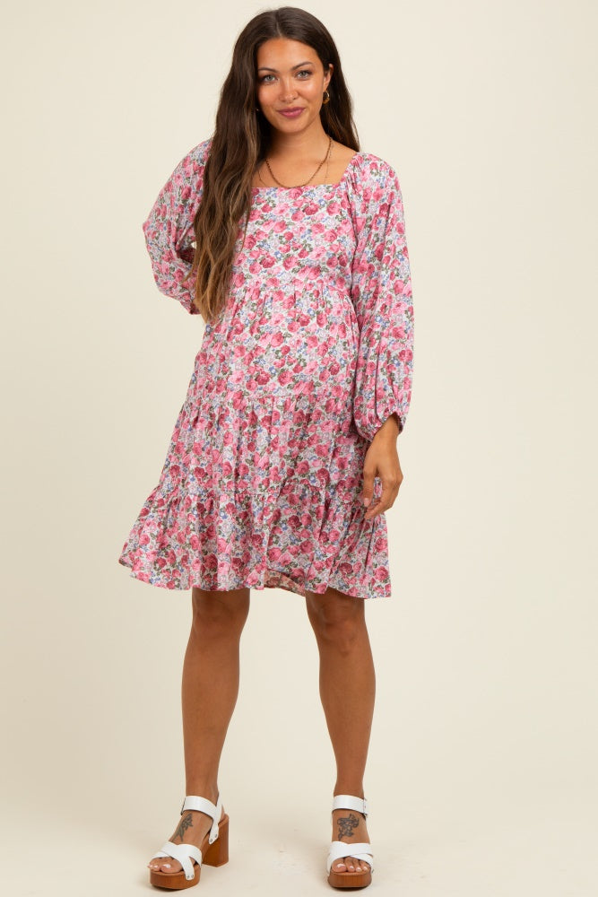Pink Rose Print Long Sleeve Maternity Dress