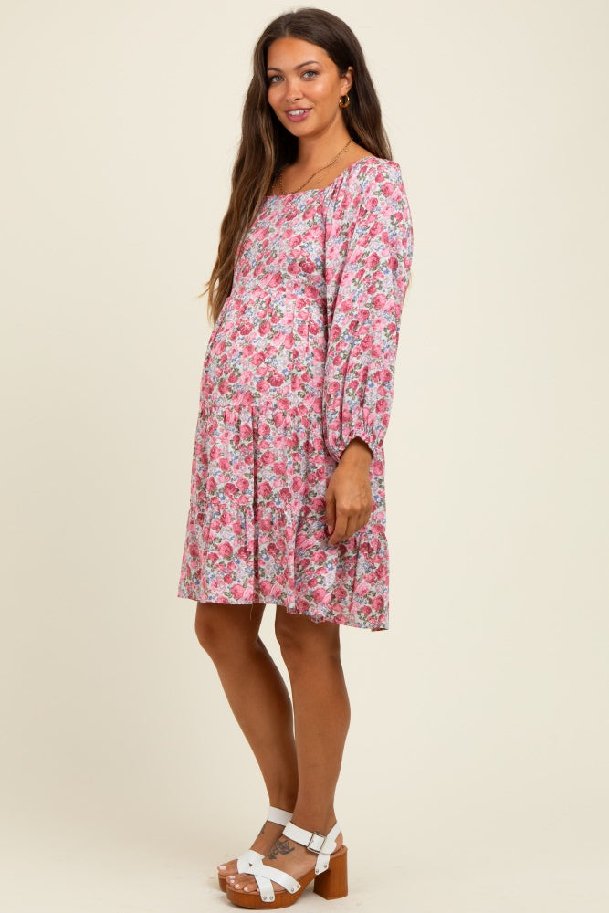 Pink Rose Print Long Sleeve Maternity Dress