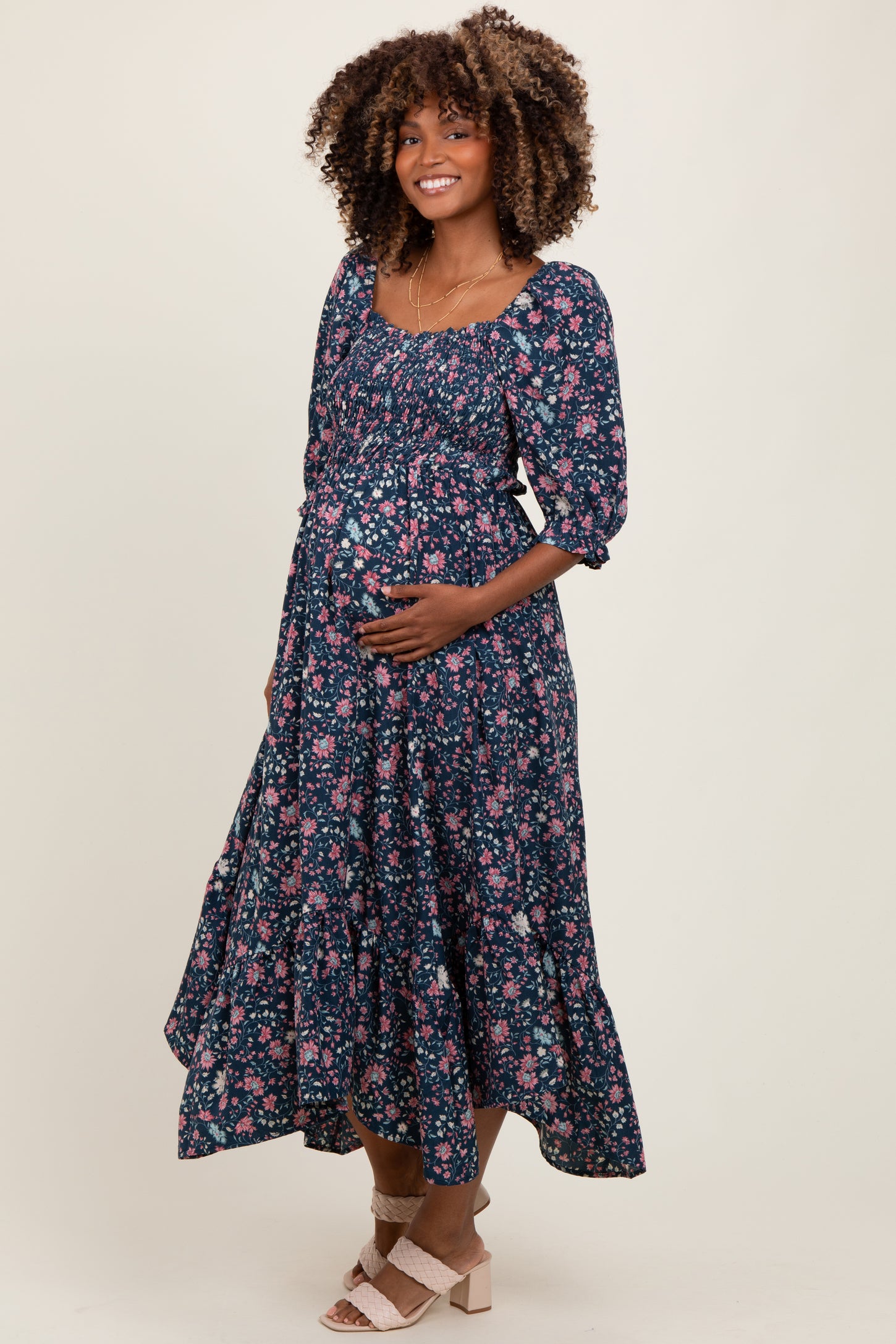 Navy Floral Smocked Handkerchief Hem Maternity Maxi Dress