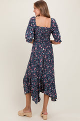 Navy Floral Smocked Handkerchief Hem Maxi Dress