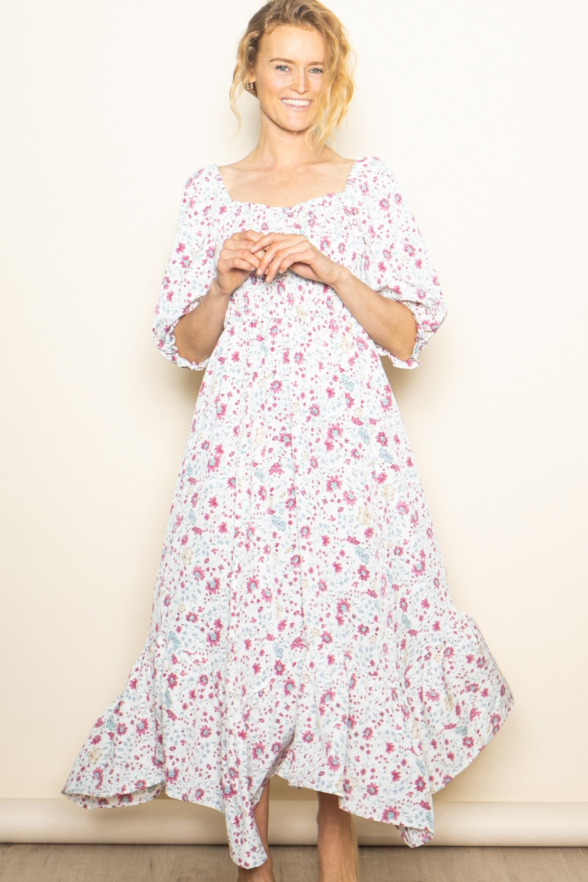 Ivory Floral Smocked Handkerchief Hem Maxi Dress
