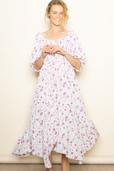 Ivory Floral Smocked Handkerchief Hem Maxi Dress