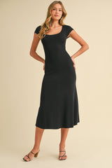 Black/Ivory Short Cap Sleeve Tie Back Sweater Midi Dress