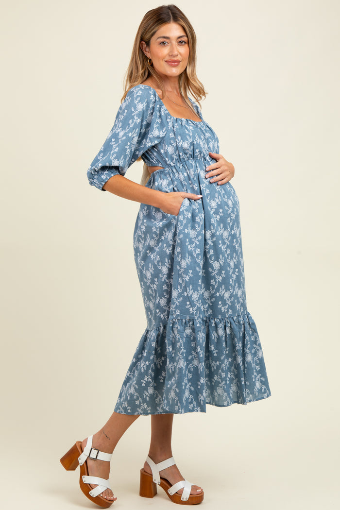Blue Floral Back Cutout Ribbon Tie Maternity Maxi Dress