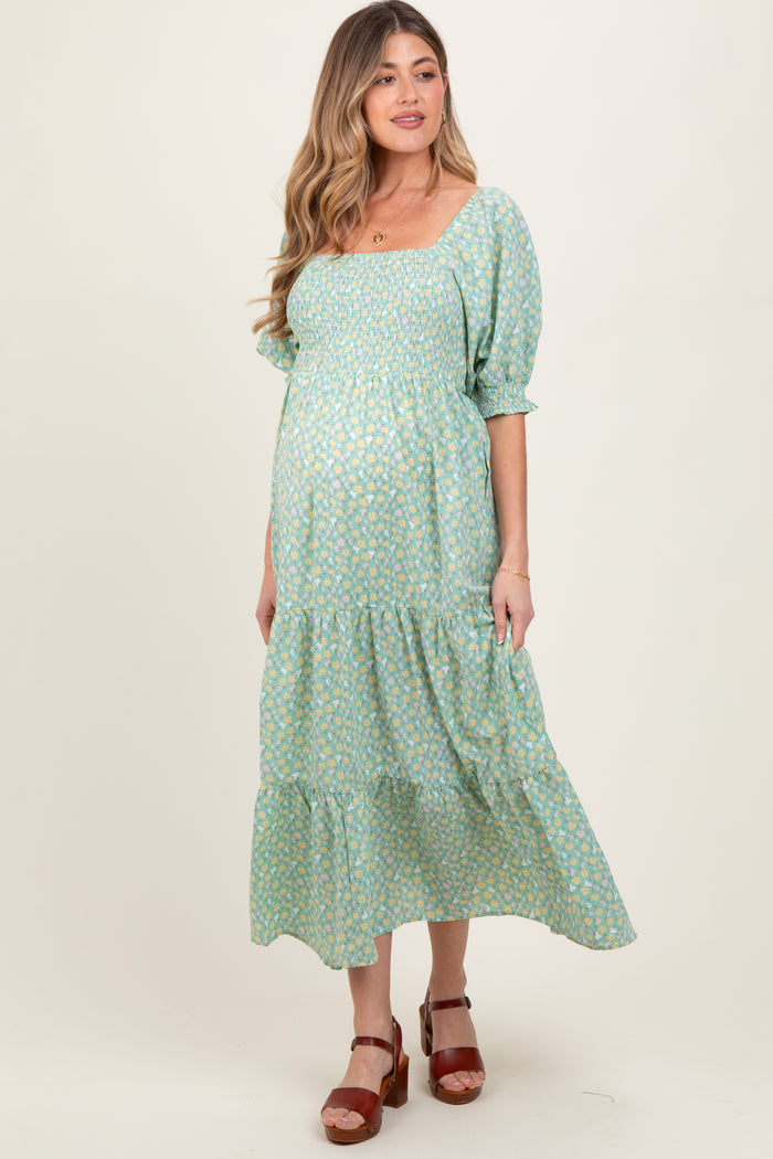 Mint Floral Smocked Tiered Maternity Maxi Dress