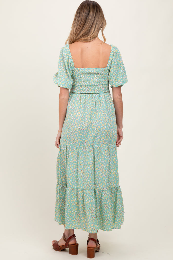 Mint Floral Smocked Tiered Maternity Maxi Dress