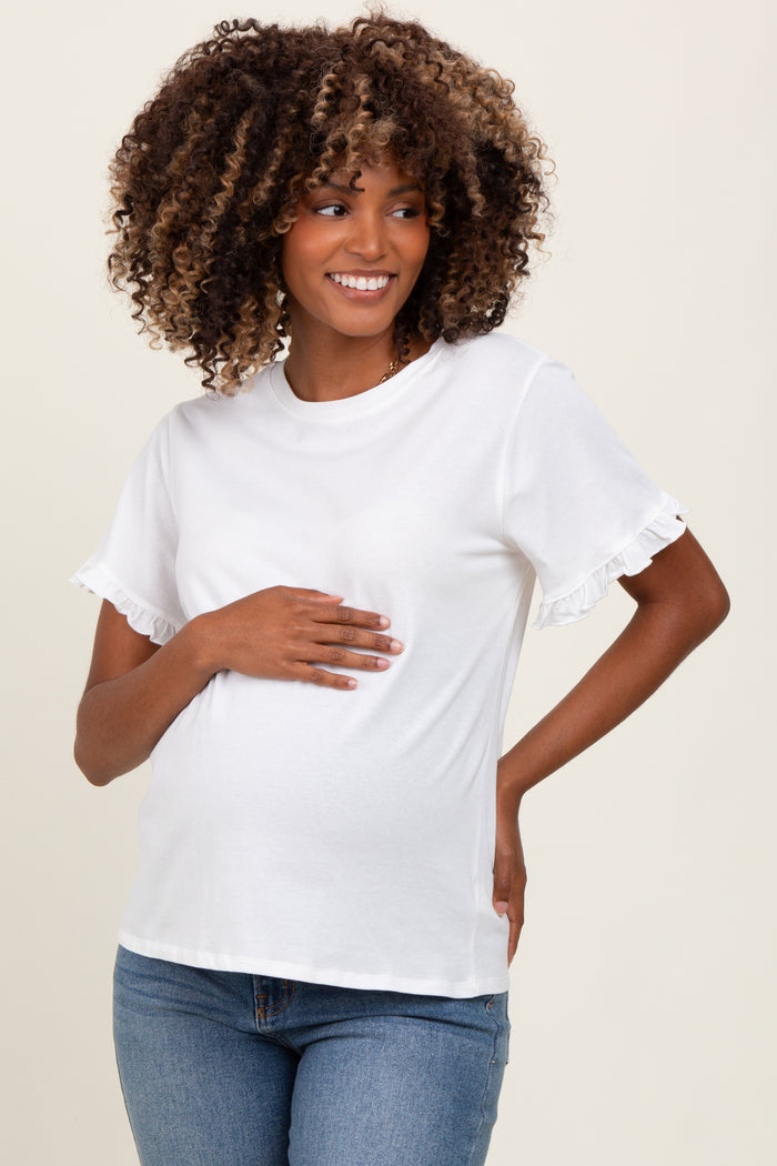 White Ruffle Trim Short Sleeve Maternity T-Shirt