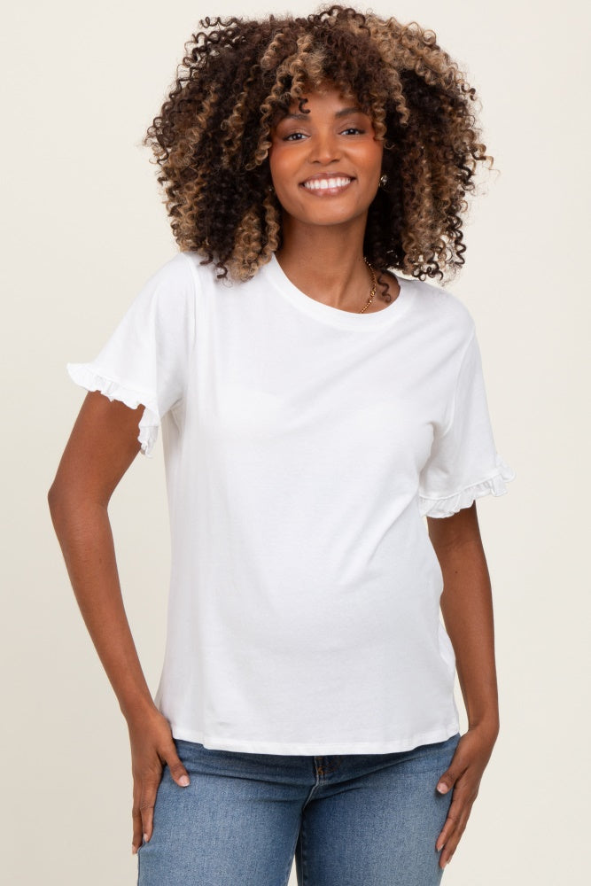 White Ruffle Trim Short Sleeve Maternity T-Shirt