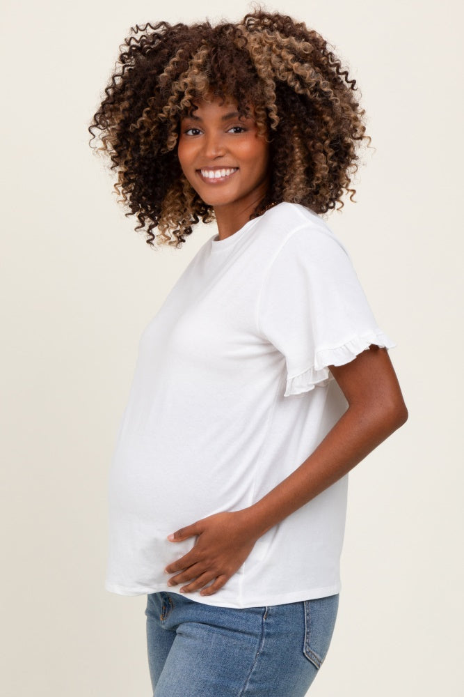 White Ruffle Trim Short Sleeve Maternity T-Shirt
