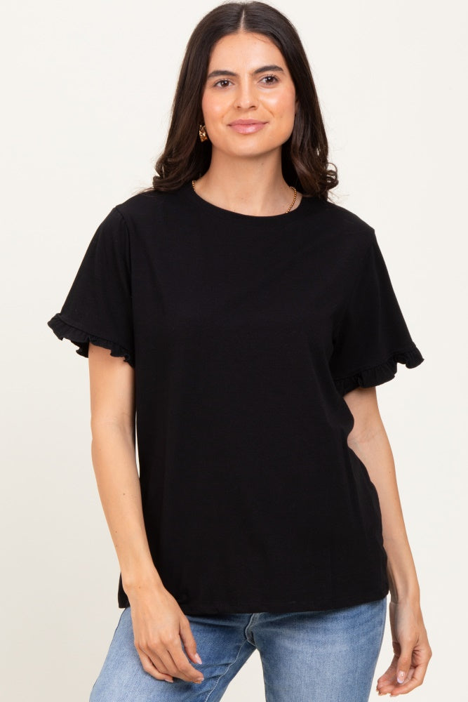 Black Ruffle Trim Short Sleeve T-Shirt