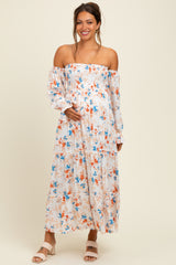 Ivory Floral Off Shoulder Long Sleeve Maternity Maxi Dress