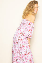 Light Pink Floral Off Shoulder Long Sleeve Maxi Dress