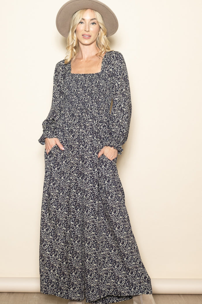 Navy Floral Long Sleeve Wide Leg Maternity Jumpsuit