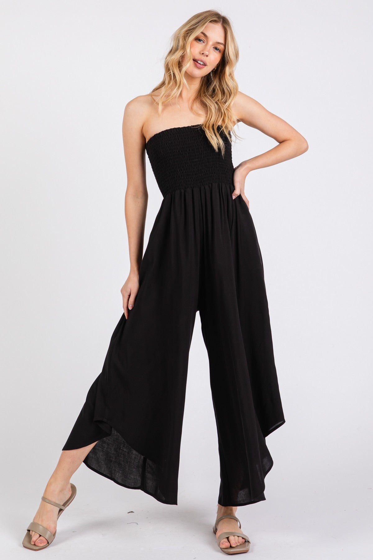 Black Strapless Smocked Tulip Leg Maternity Jumpsuit