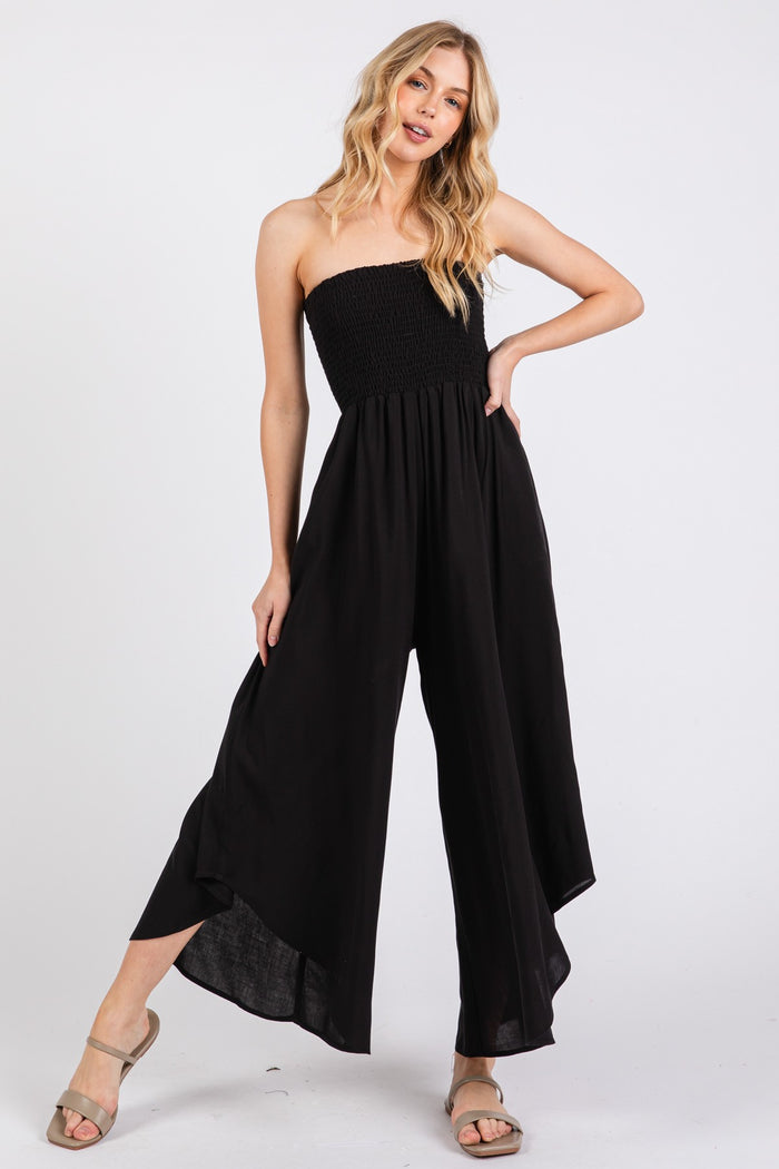 Black Strapless Smocked Tulip Leg Maternity Jumpsuit