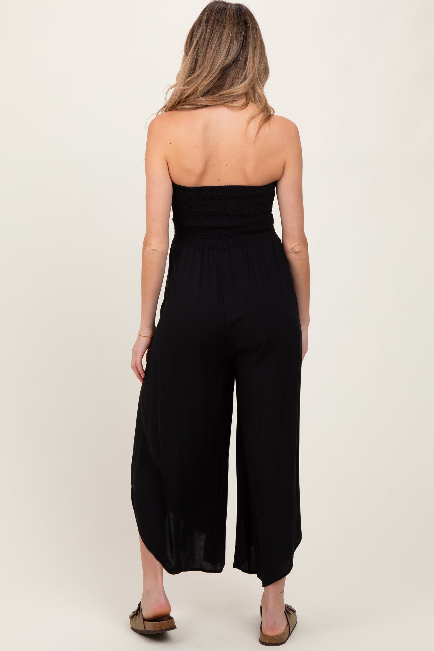 Black Strapless Smocked Tulip Leg Maternity Jumpsuit