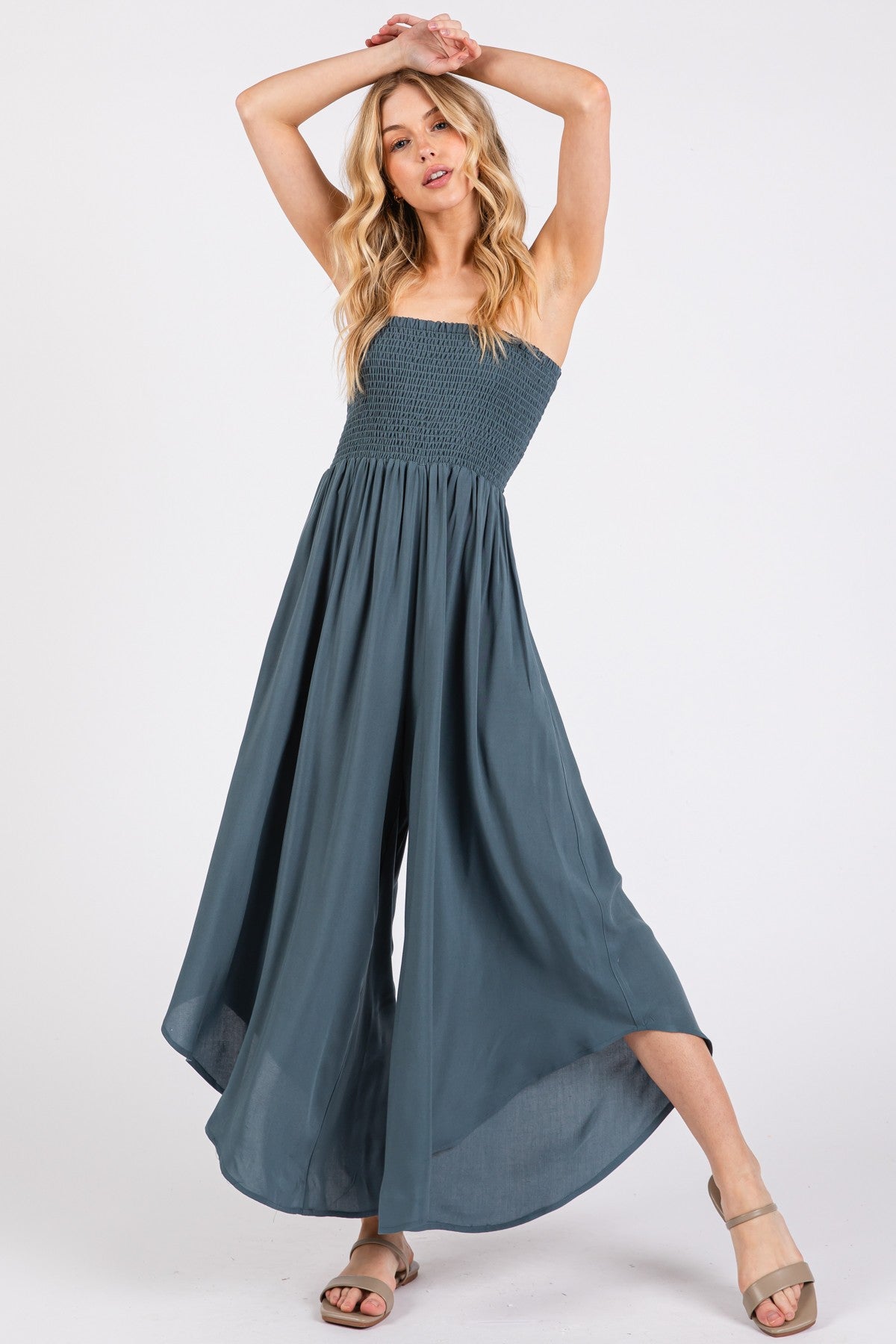 Dark Teal Strapless Smocked Tulip Leg Maternity Jumpsuit
