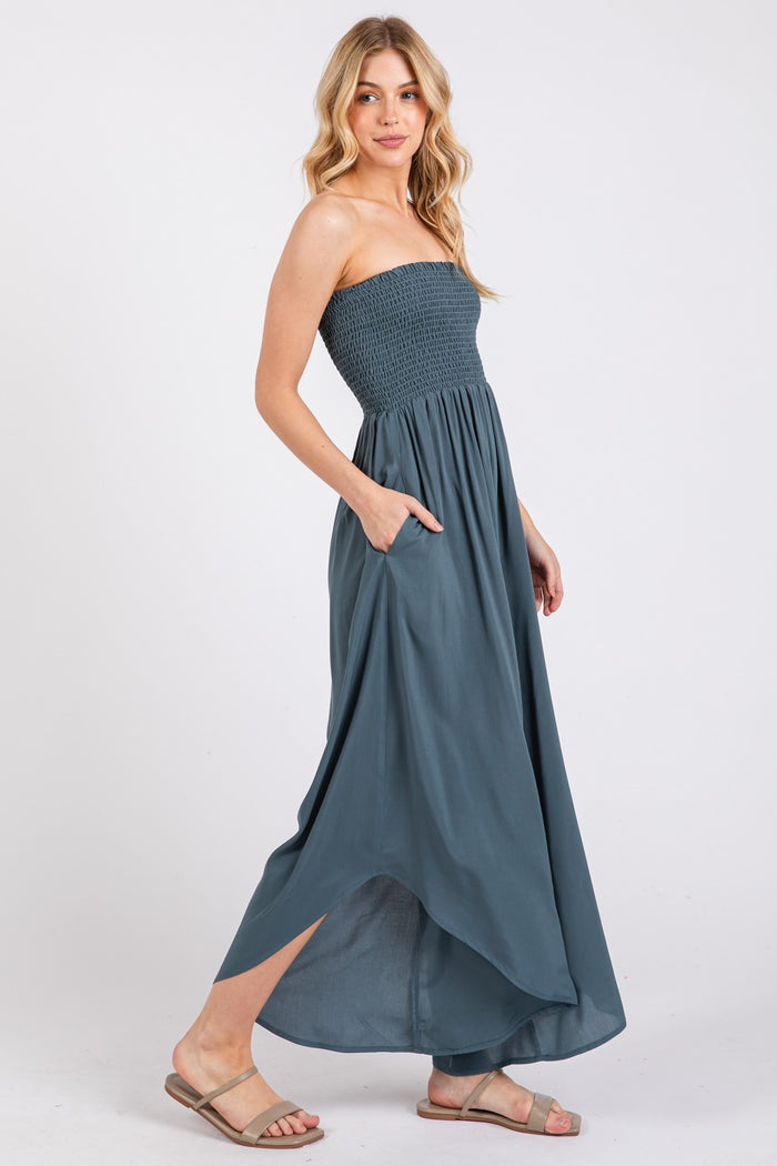 Dark Teal Strapless Smocked Tulip Leg Jumpsuit