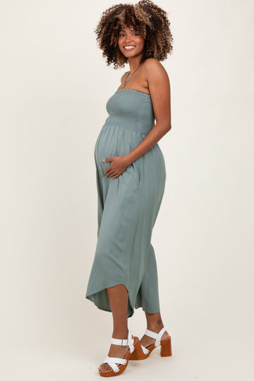 Light Olive Strapless Smocked Tulip Leg Maternity Jumpsuit