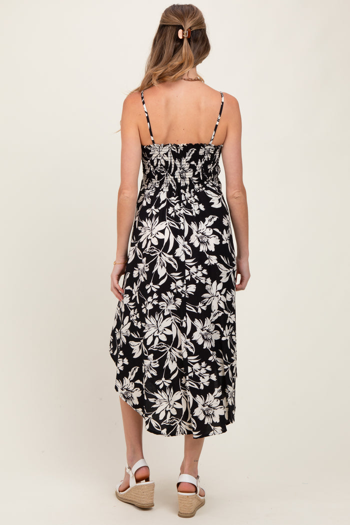 Black Tropical Floral Front Cinch Tie Maternity Midi Dress