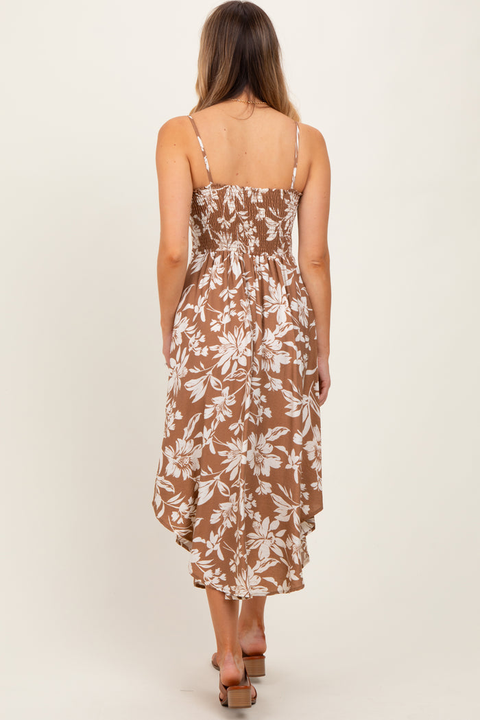 Camel Tropical Floral Front Cinch Tie Midi Dress