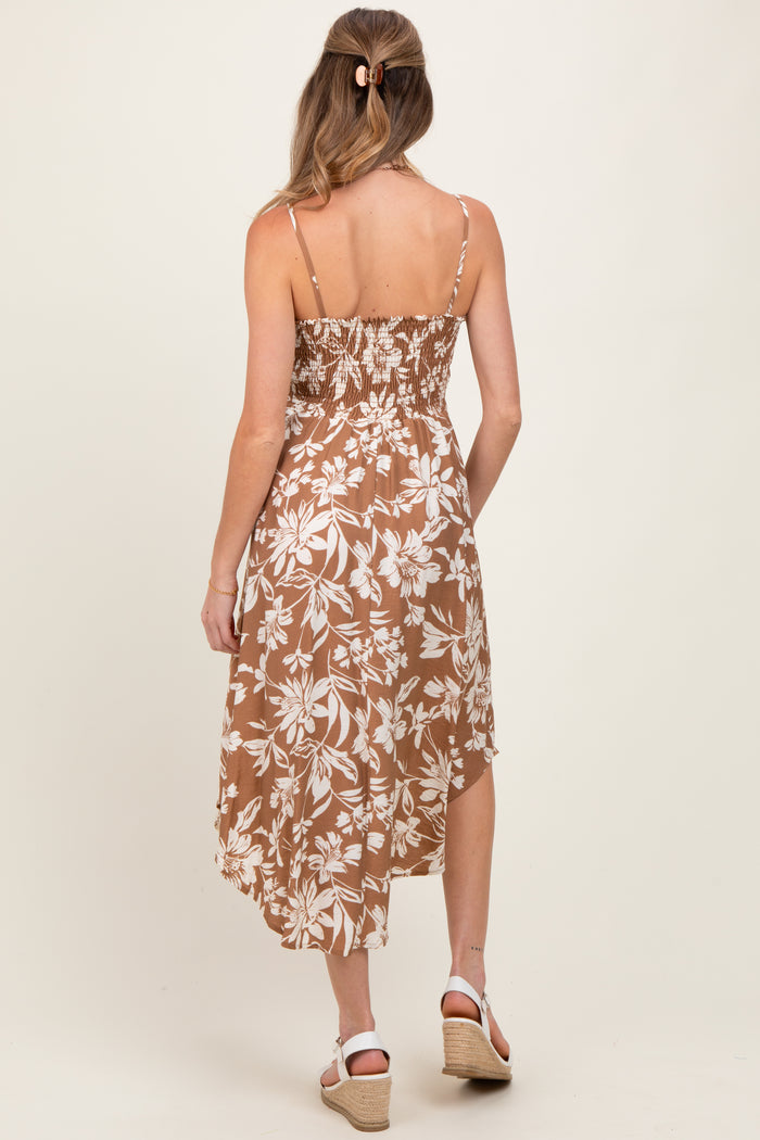 Camel Tropical Floral Front Cinch Tie Maternity Midi Dress