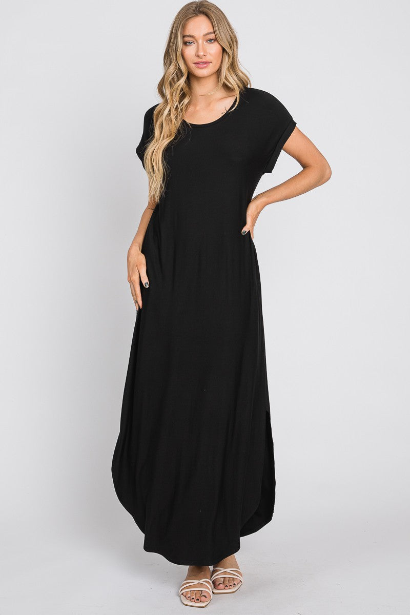 Black Round Hem Side Slit Maxi Dress