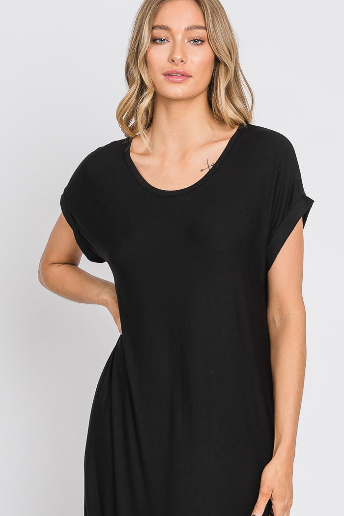 Black Round Hem Side Slit Maxi Dress