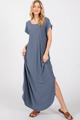 Blue Round Hem Side Slit Maternity Maxi Dress