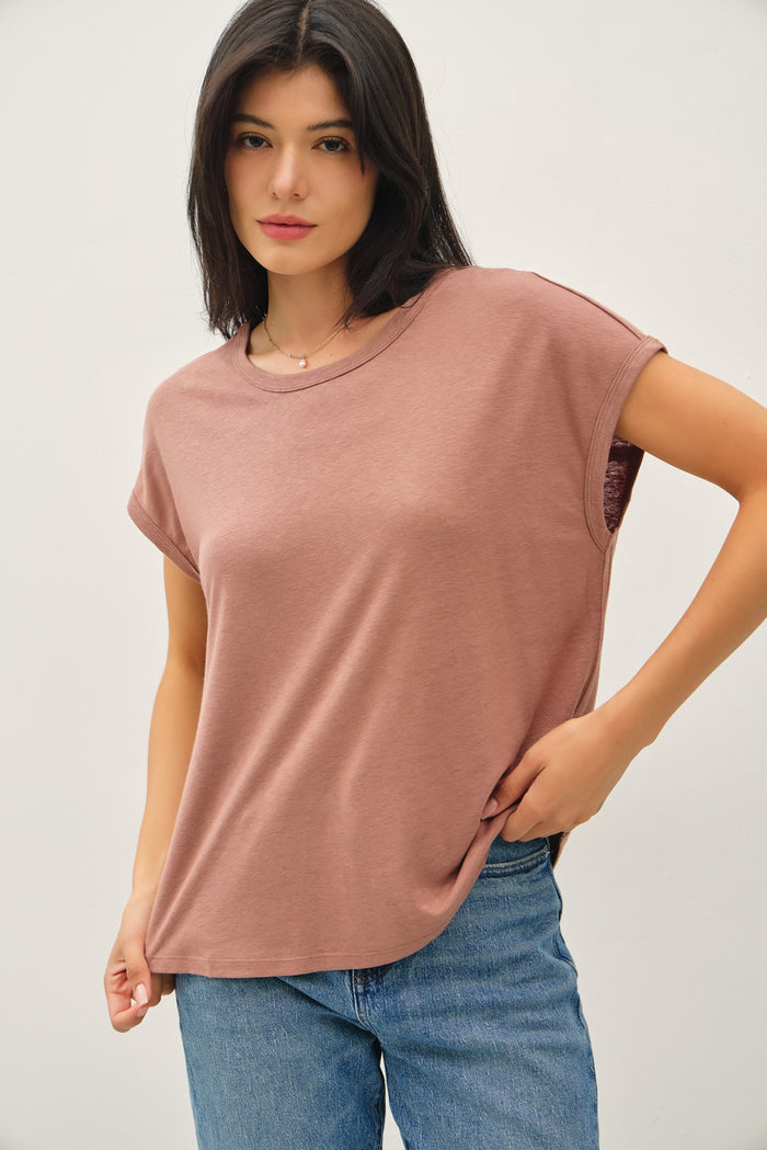 Brown Linen Blend Short Sleeve Tee