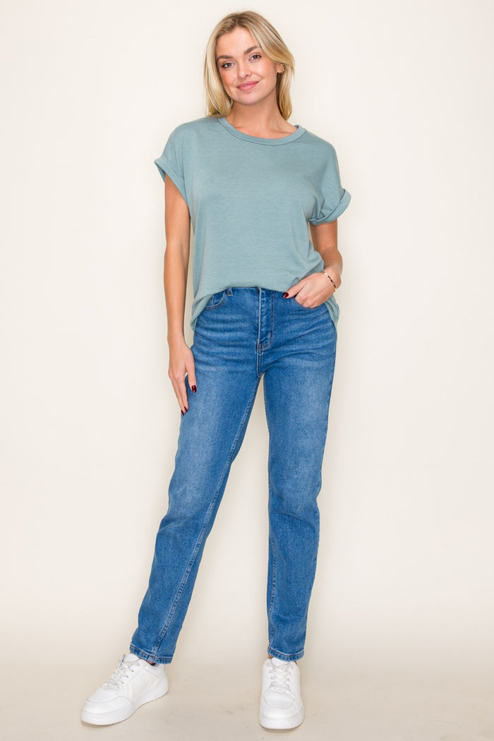 Light Olive Rolled Cuff Short Sleeve Top