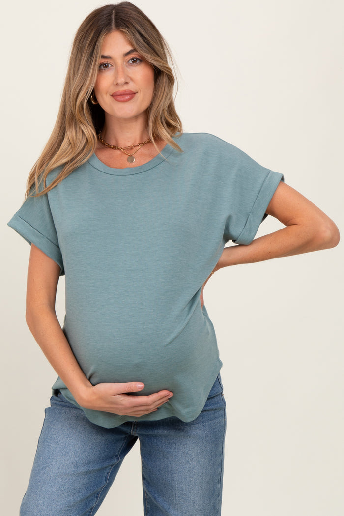 Light Olive Rolled Cuff Short Sleeve Maternity Top