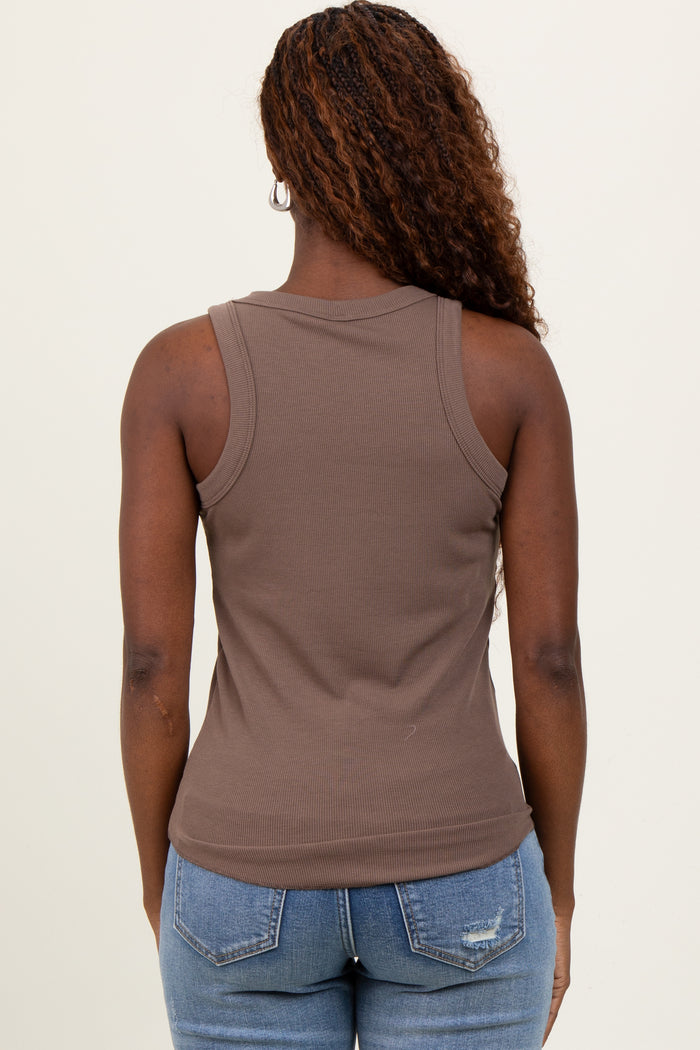 Mocha Ribbed Basic Crew Neck Tank