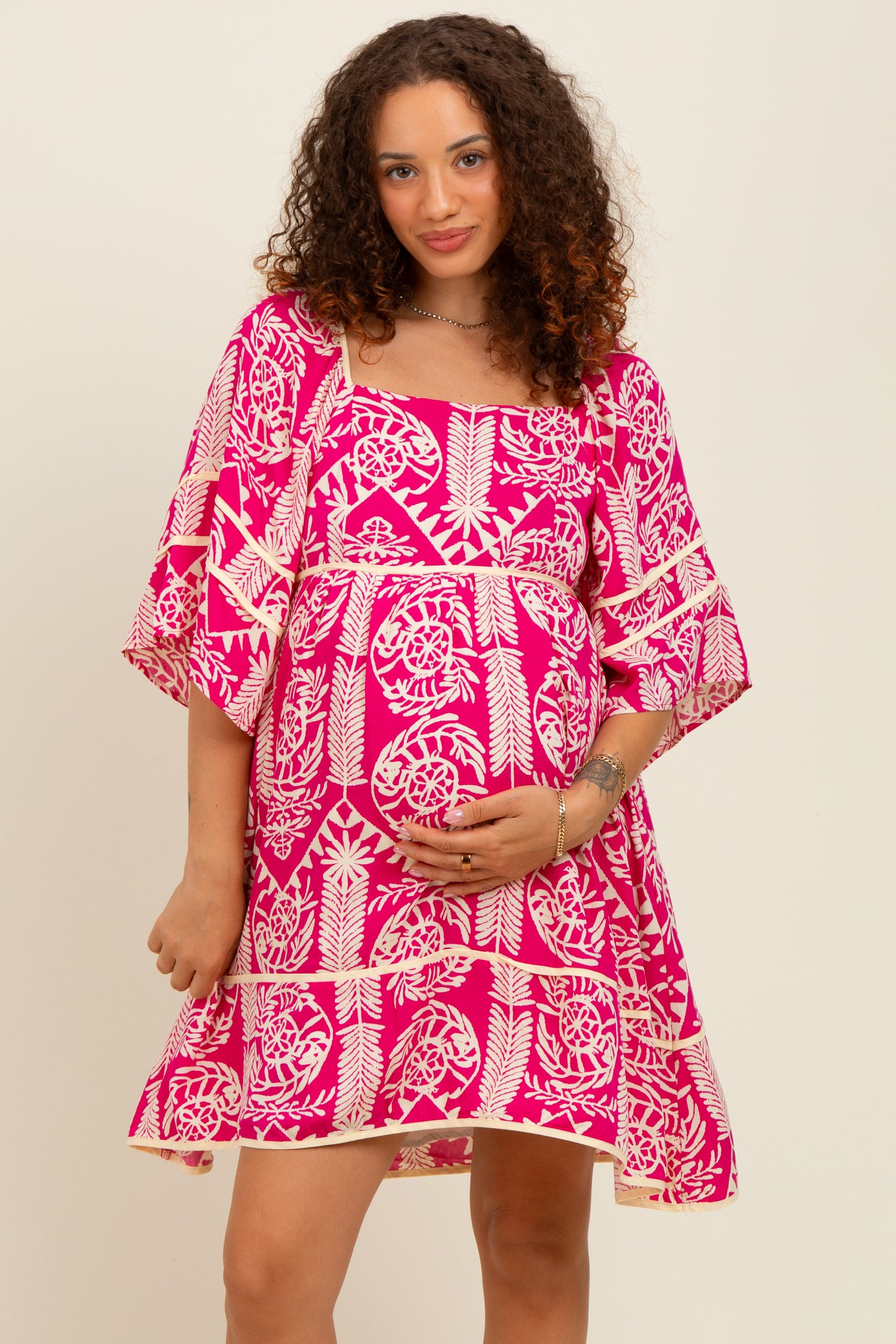 Fuchsia Printed Tie Back Contrast Trim Maternity Dress