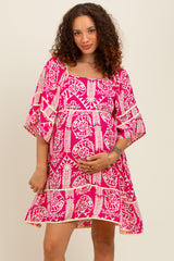 Fuchsia Printed Tie Back Contrast Trim Maternity Dress
