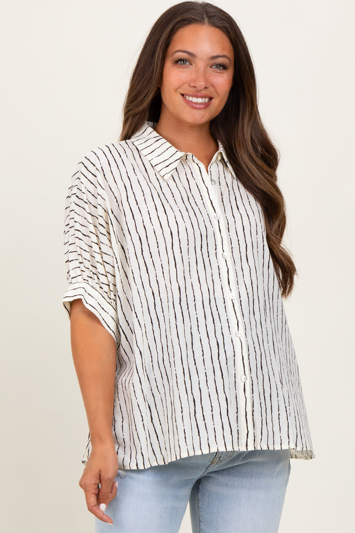 Ivory Striped Drop Shoulder Button Down Maternity Blouse