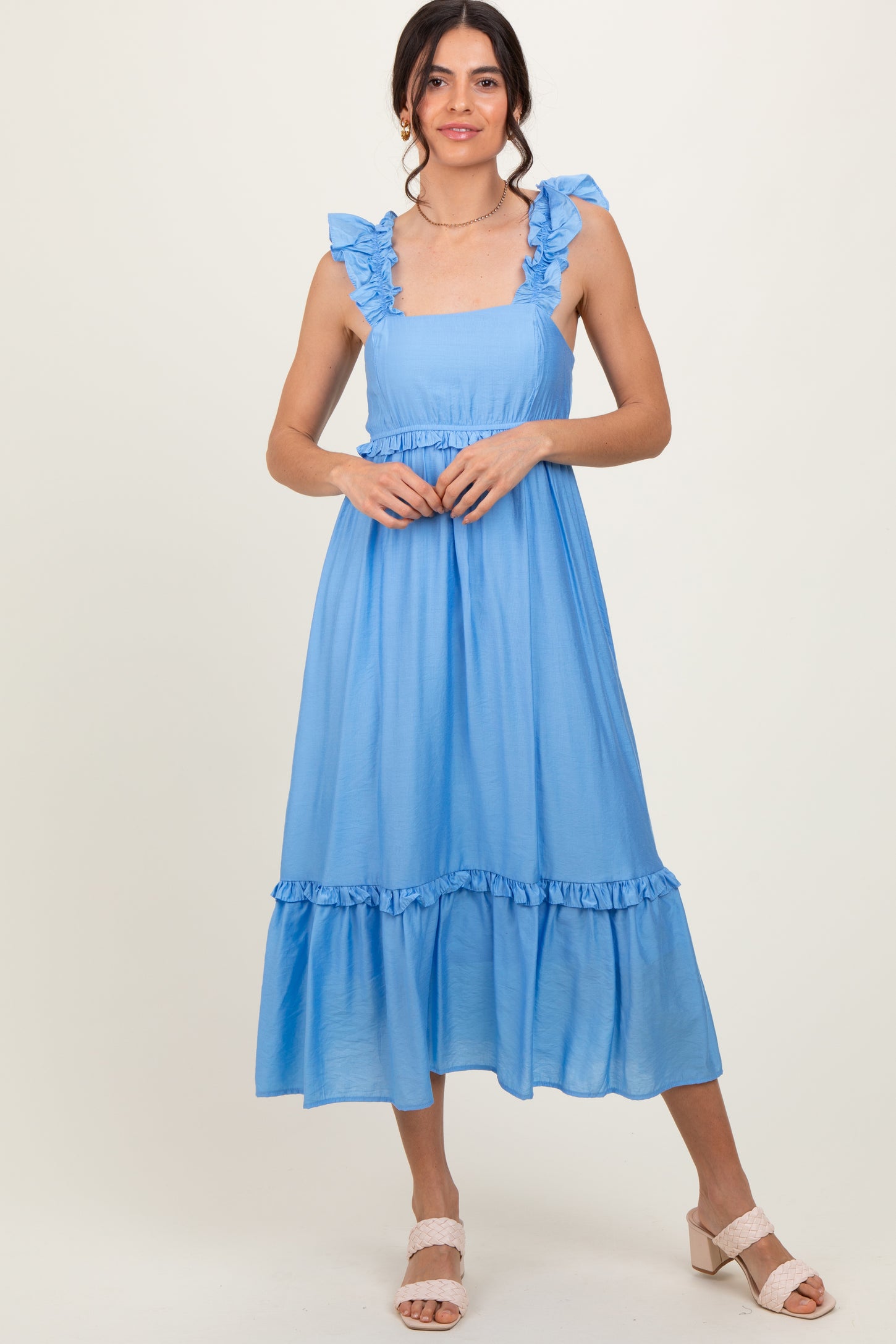 Blue Ruffle Strap Square Neck Midi Dress