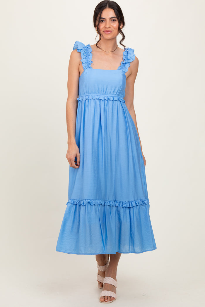 Blue Ruffle Strap Square Neck Midi Dress