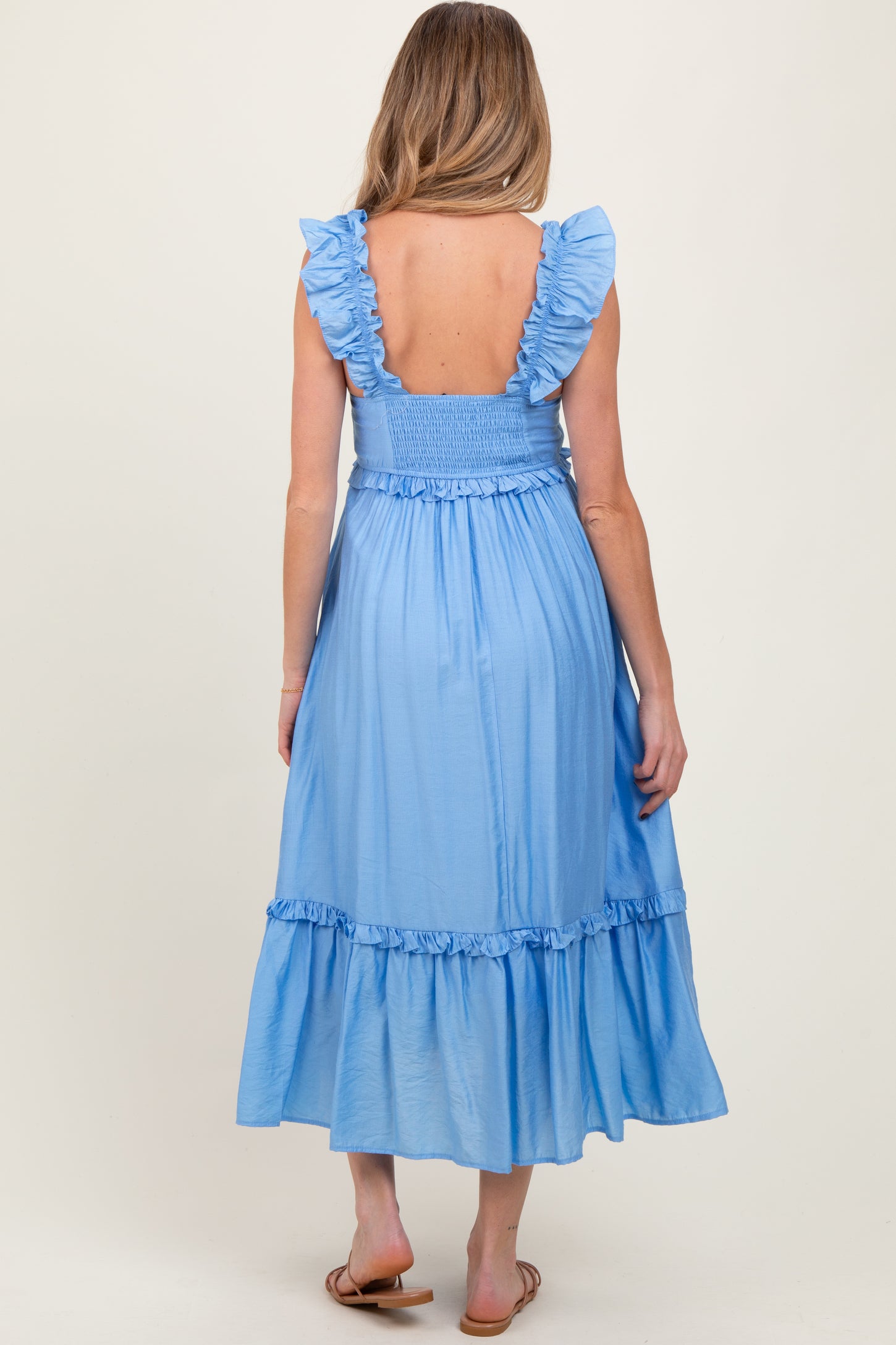 Blue Ruffle Strap Square Neck Maternity Midi Dress