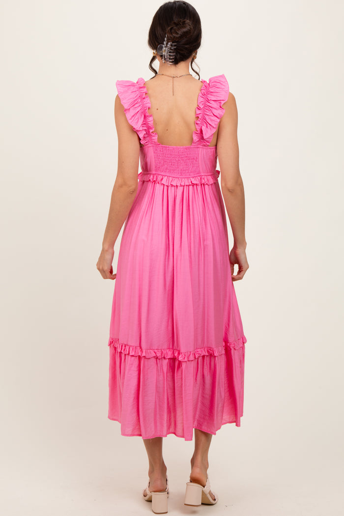 Pink Ruffle Strap Square Neck Midi Dress