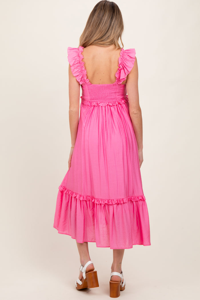 Pink Ruffle Strap Square Neck Maternity Midi Dress