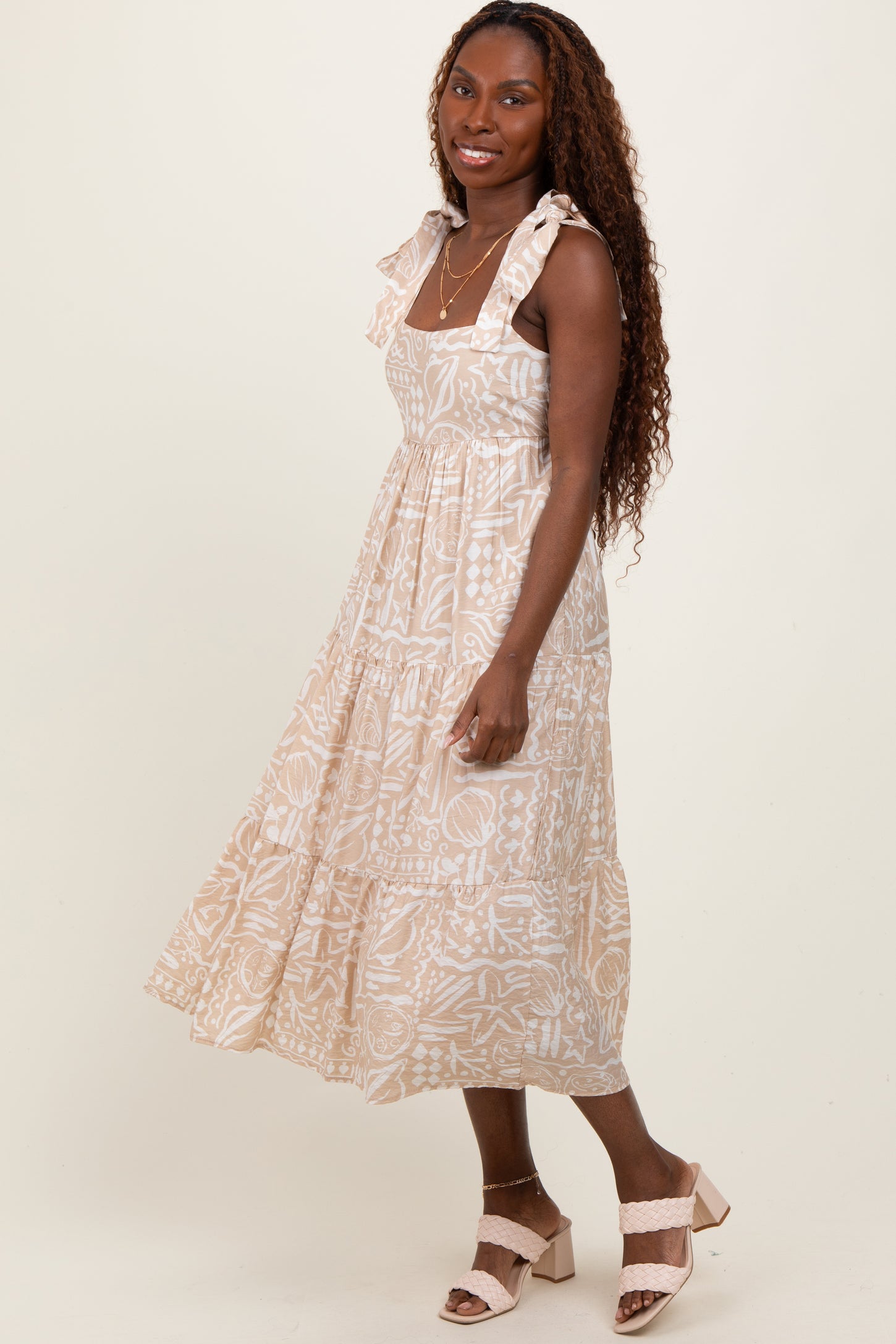Beige Printed Tie Strap Tiered Midi Dress