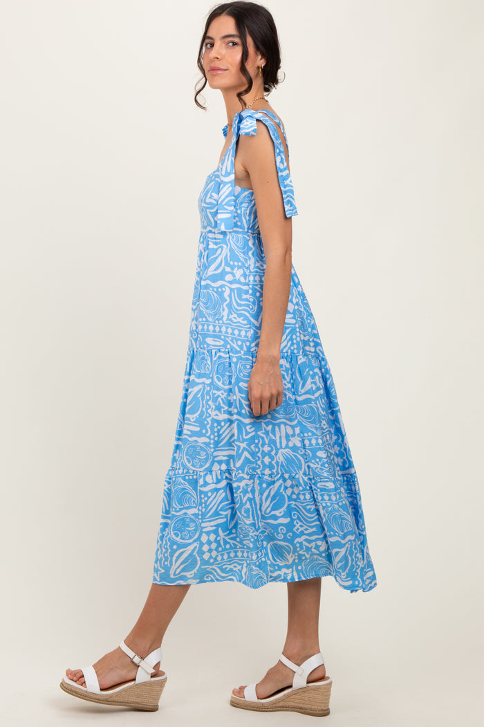 Light Blue Printed Tie Strap Tiered Midi Dress